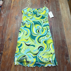 No Comment Green Blue Swirl Mesh Mini Dress Spaghetti Strap Lettuce Trim M NWT